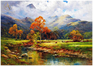 Autumn landscape of Easedale with warm seasonal colors, painted by Alfred de Breanski