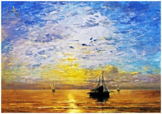 Seascape painting with boats at sea, by Hendrik Willem Mesdag, 1890