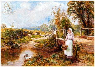 English painting of a female farmer holding a flower basket by Ernest Walbourn