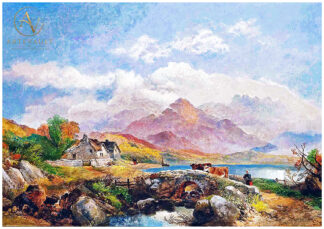 Milkmaid with cattle crossing a bridge, painted by Joseph Horlor