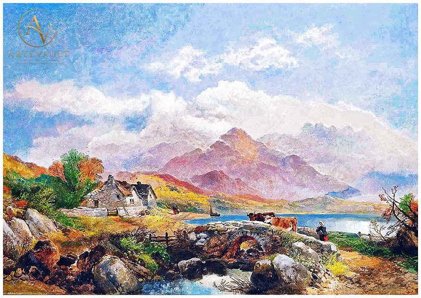 Milkmaid with cattle crossing a bridge, painted by Joseph Horlor