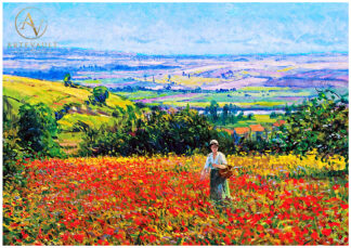 Woman carrying a basket walking through a poppy field, painting by Leon Giran-Max