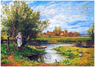 English village pond landscape painting by Henry Yeend King