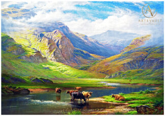 Cattle grazing in a wide mountain landscape, painting by Walter J. Watson, 1907