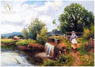 English countryside painting of collecting flowers along the riverbank by Ernest Walbourn