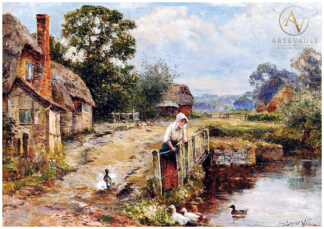 English countryside painting of a woman feeding ducks by Ernest Walbourn