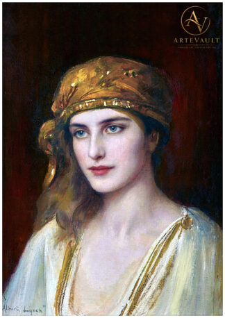 Portrait of a young woman wearing a golden headdress, painted by Albert Lynch