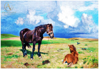 Horses standing in a field, painting by Vilhelm Fischer