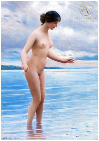 Italian seaside painting of a young woman standing in shallow seawater by Eugene de Blaas