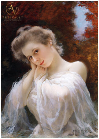 The Dreamer by Louis de Schryver, featuring an elegant woman in a refined 19th-century French artistic style with delicate details and romantic atmosphere.