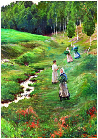 Midsummer by Fanny Brate, 1878, depicting a serene Swedish summer celebration with soft light and natural countryside atmosphere.