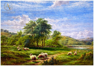 Sheep grazing in lush green pastures, painting by Walter J. Watson