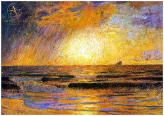 French seascape painting of a sunset over the sea by Emile Rene Menard