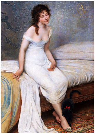Italian painting of a young woman awakening on her bed with a black cat at her feet by Eugene de Blaas