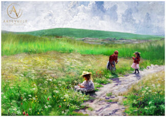 Three girls picking flowers by Fanny Brate, 1885, depicting a serene outdoor scene of young girls gathering flowers in a soft, naturalistic 19th-century Swedish style.