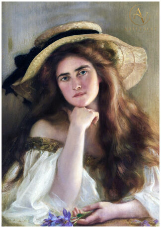 Portrait of a young woman wearing a large hat, painted by Albert Lynch