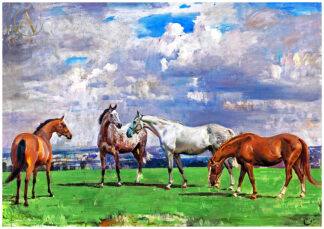 Horses at Grass by Alfred Munnings, depicting horses peacefully grazing in a sunlit countryside with natural beauty and expressive brushwork.