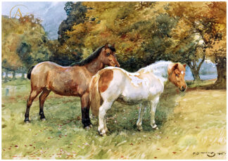 Soldier and Sailor in the Park at Catton Hall by Alfred Munnings, 1905, depicting two horses resting in a peaceful park with rich natural surroundings.